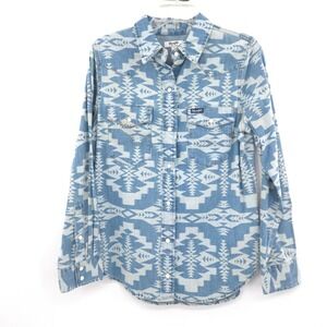 Wrangler Retro Western Snap Shirt Women Small Blue Aztec Geometric Denim L/S